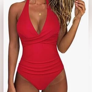 Amazon Brand Red Size Small Women's Tummy Control Push Up Halter Swimsuit NWOT